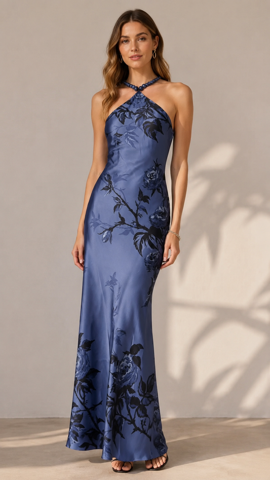 Slate blue floral halter maxi dress with satin sheen front view