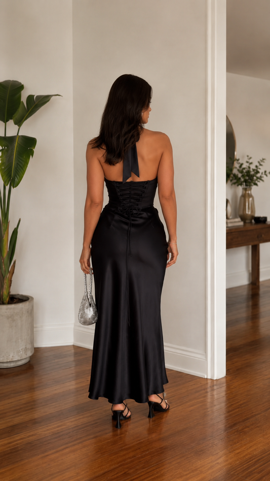 Back view of black backless halter satin-look maxi dress