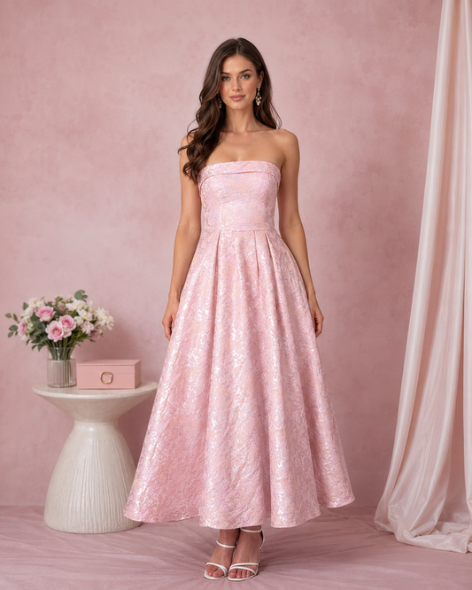 Front view of blush pink strapless jacquard A-line midi dress