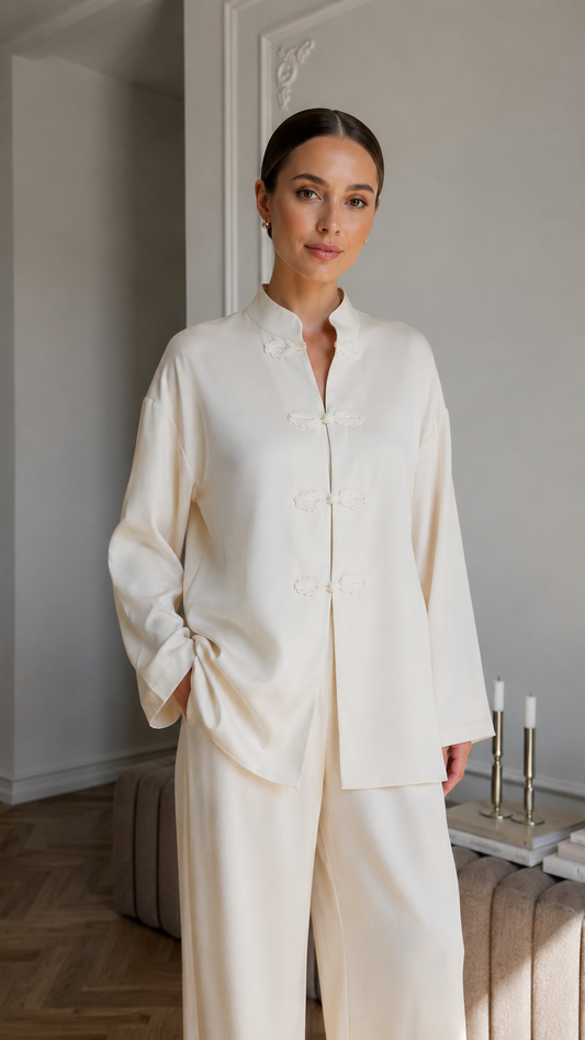 Women's cream mandarin collar two-piece lounge set close front view