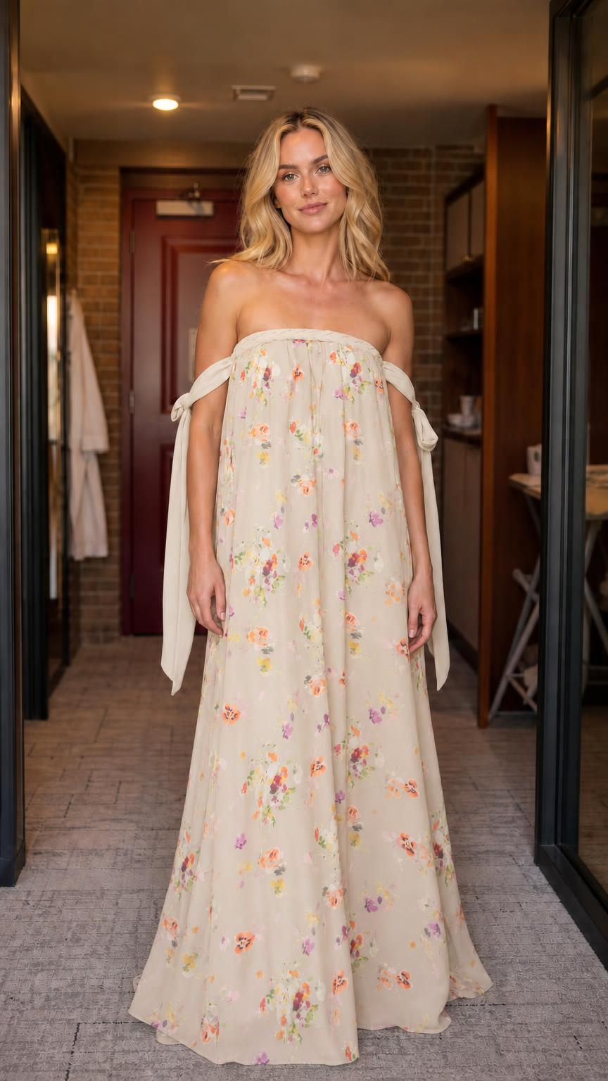 Front view in beige floral print
