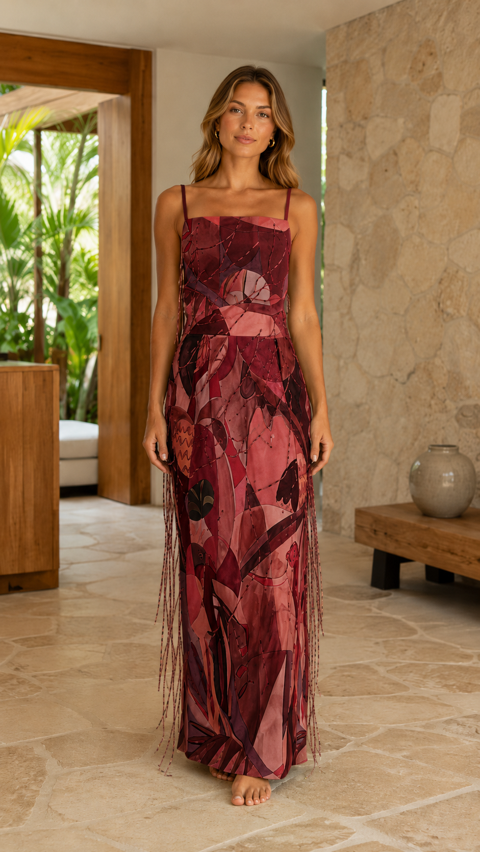Front view of wine abstract printed maxi dress with floor-length fit