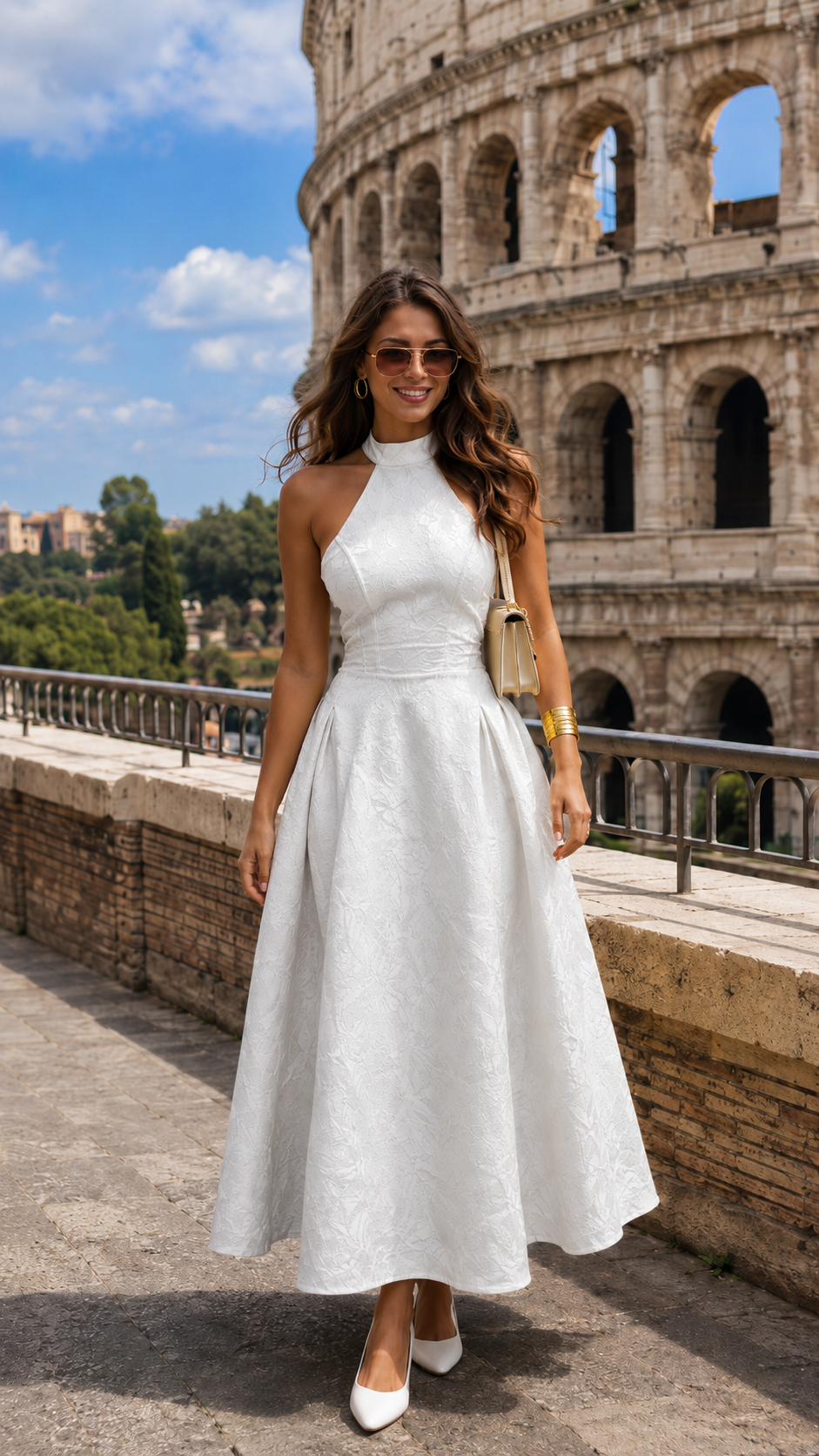 Front view of white halter neck jacquard midi dress
