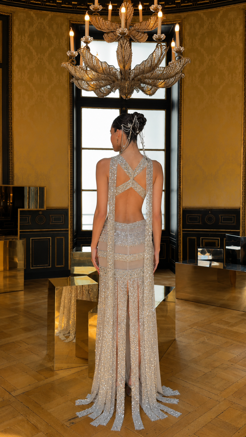 Back view of champagne sequin halter evening gown with crisscross open back