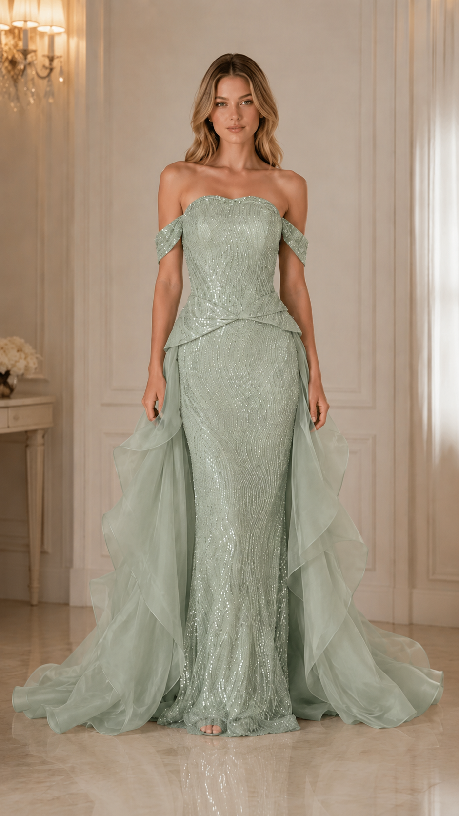 Front view of sage off shoulder sequin evening gown with soft sheer draped train