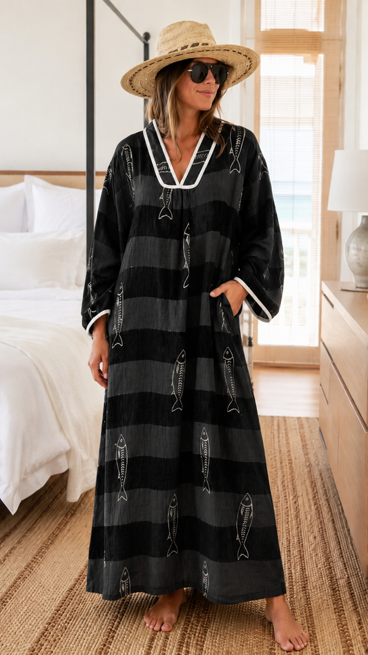 Striped Fish Print V-Neck Kaftan Maxi Dress