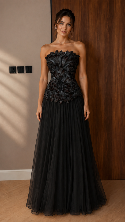 Strapless 3D Floral Appliqué Tulle Maxi Gown