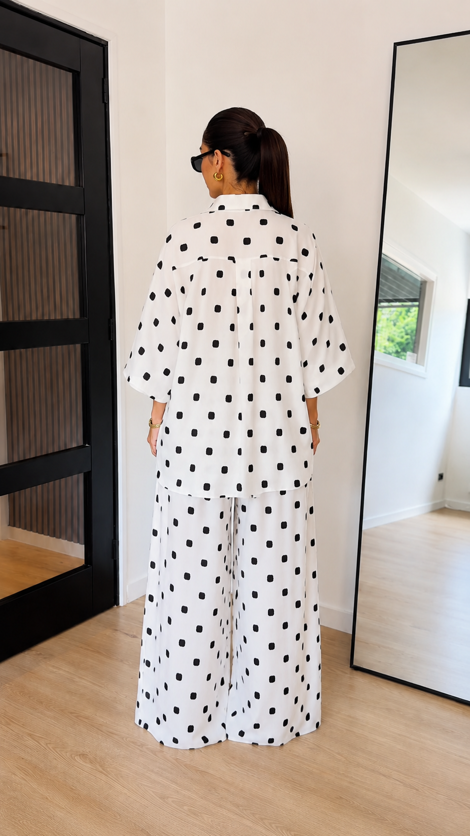 Relaxed Abstract Dot Button-Up Shirt & Wide-Leg Pants Set