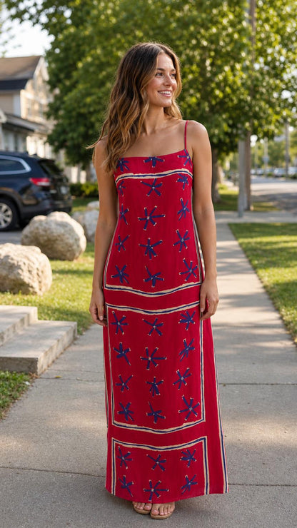 Front view of woman wearing red printed spaghetti strap maxi dress on sidewalk