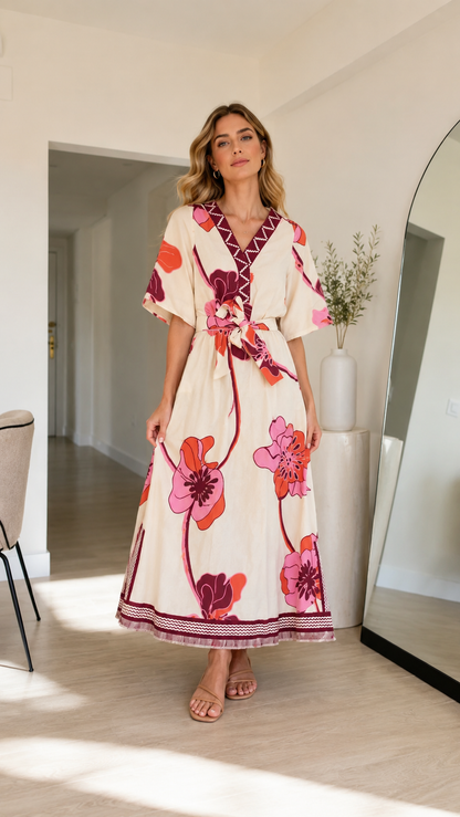 Front view of cream floral belted maxi dress with V-neck and kimono sleeves