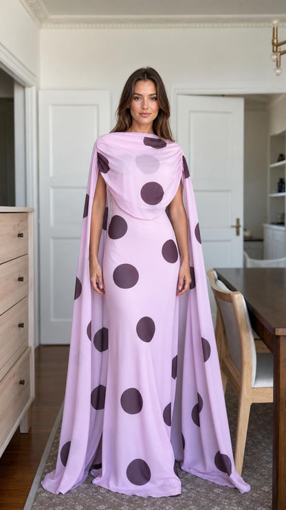 Lavender polka dot cape maxi dress front view