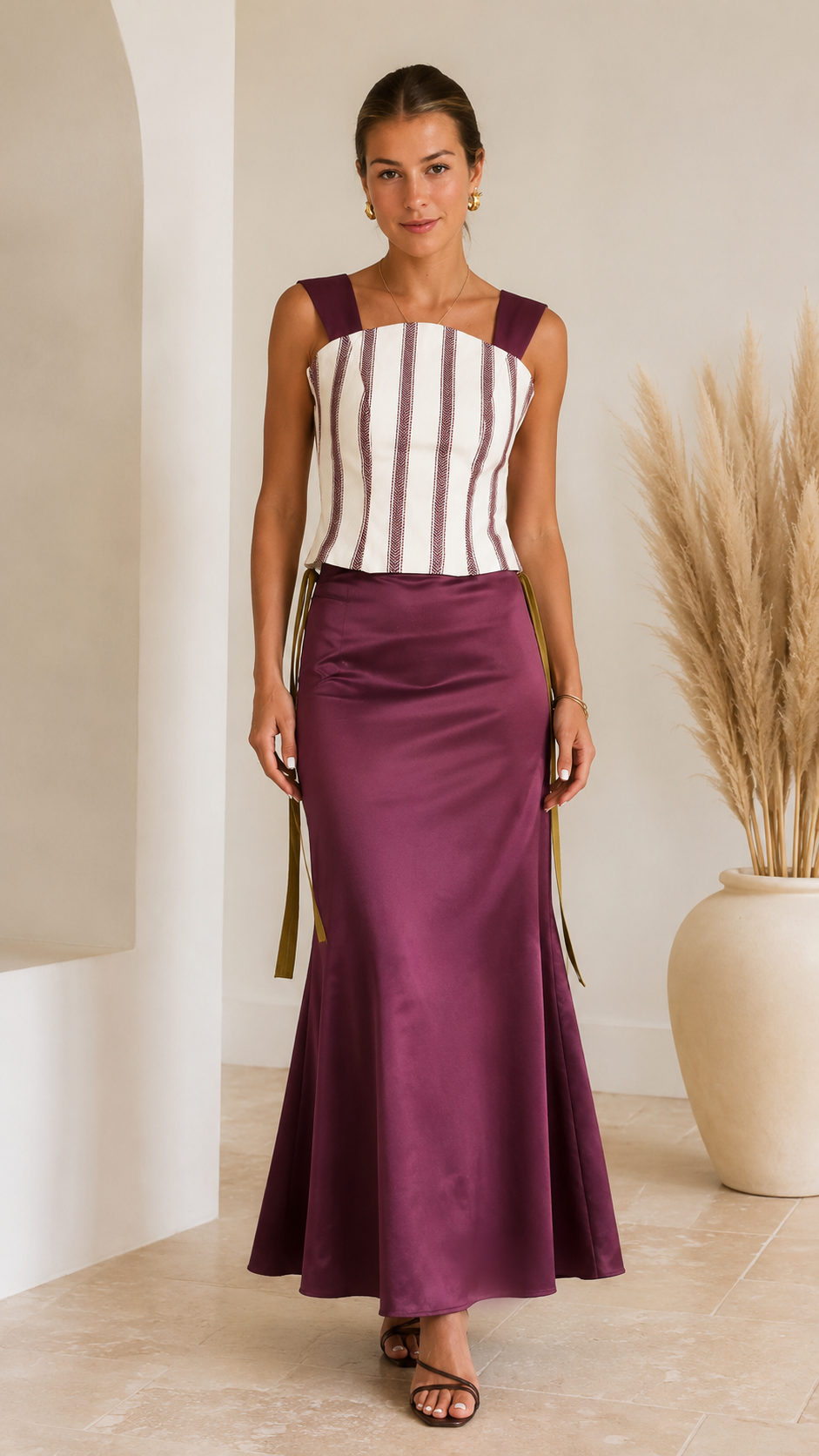 Front view of plum striped corset maxi dress with wide straps and satin-look skirt