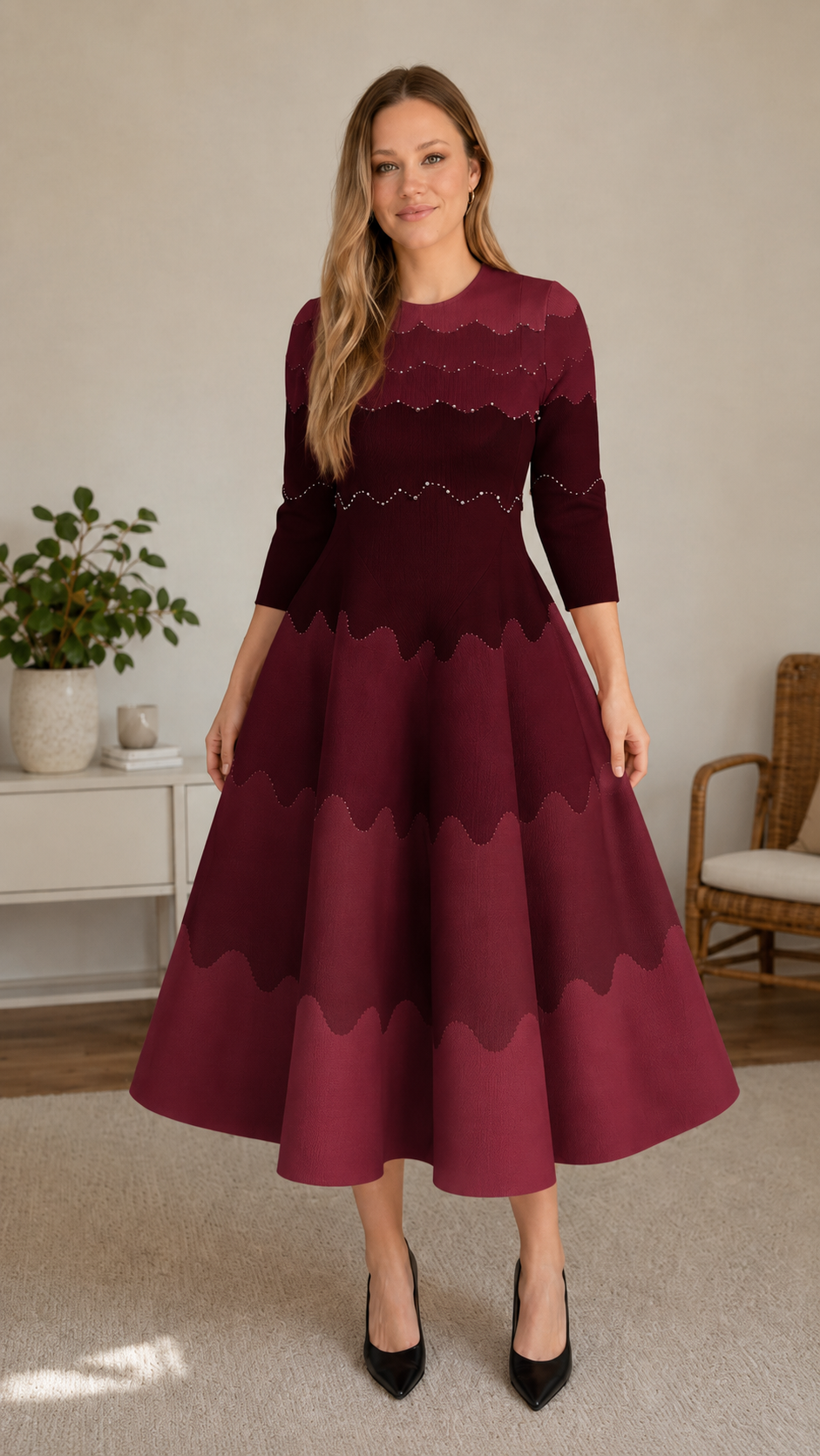 Front view of burgundy scalloped colorblock midi fit and flare dress with 3/4 sleeves