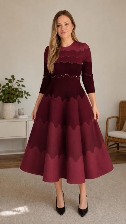 Front view of burgundy scalloped colorblock midi fit and flare dress with 3/4 sleeves