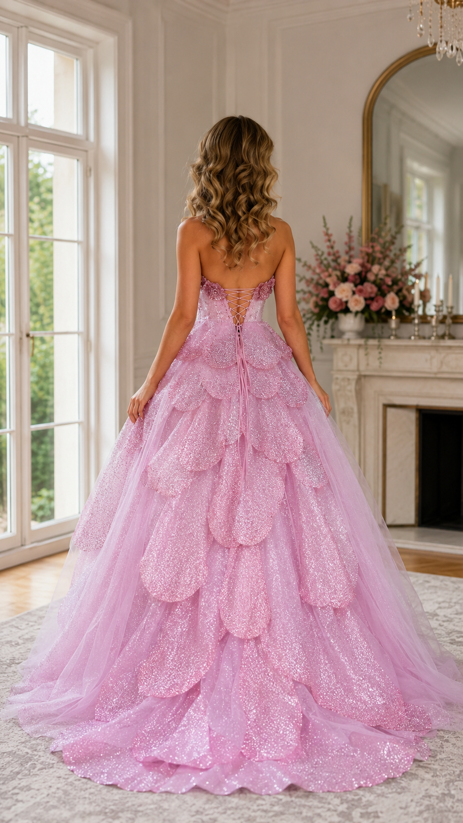 Back view of blush pink strapless glitter ball gown with layered cascading skirt