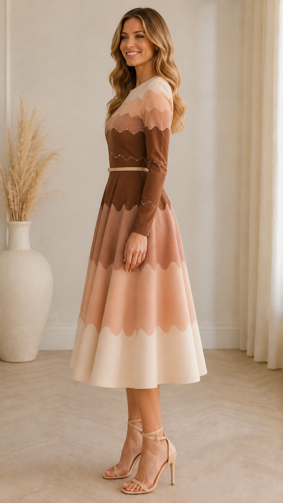 Side view of mocha scalloped colorblock long sleeve belted midi dress