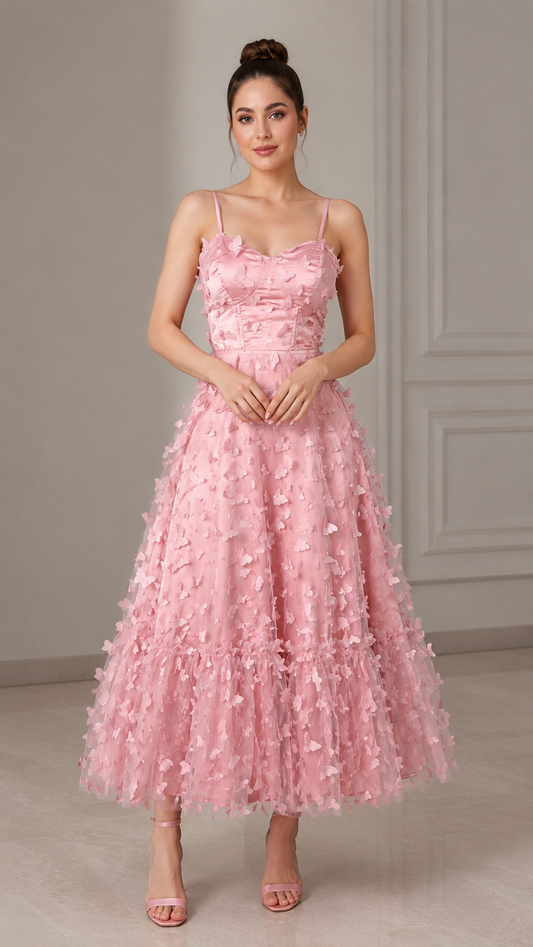 Blush pink 3D floral cami midi dress front view
