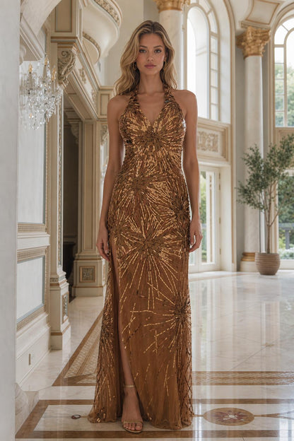 Front view of bronze beaded halter evening gown