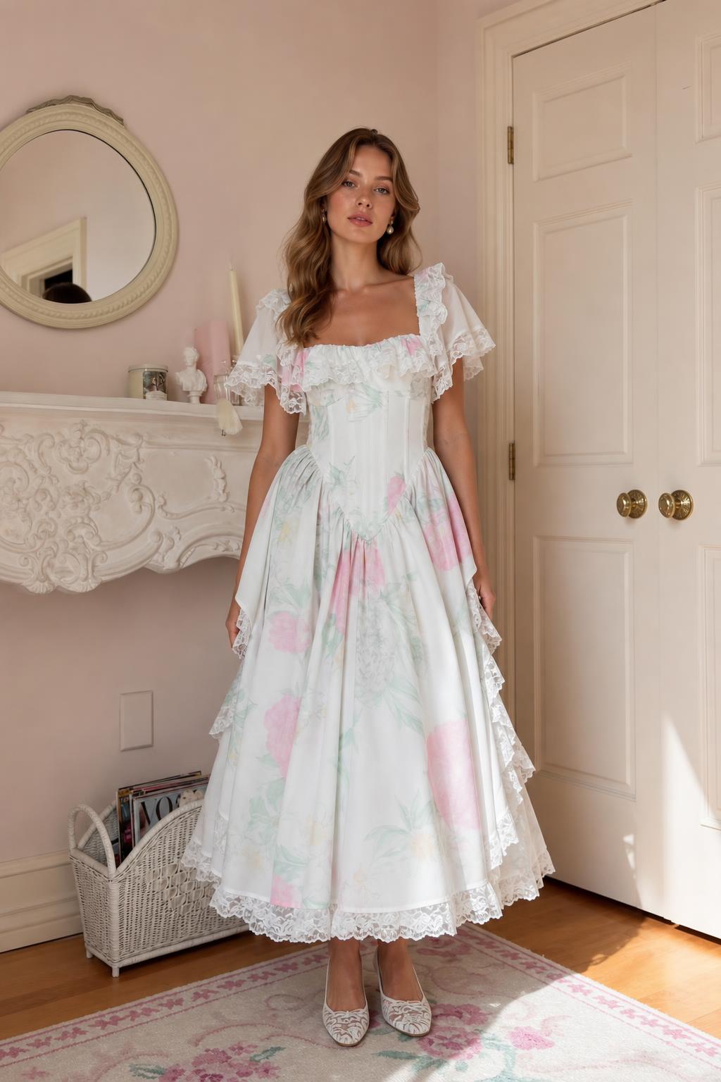 Front view of white floral midi dress with lace trim