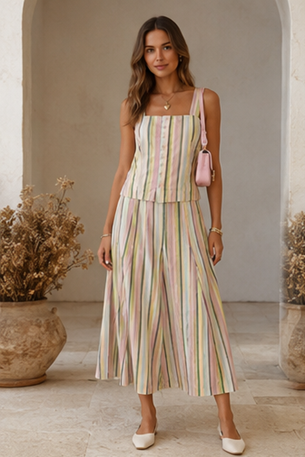 Front view of pastel striped sleeveless button-front top and wide-leg pants matching set