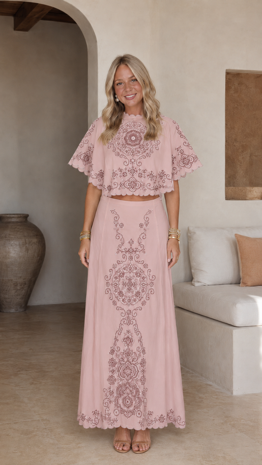 Blush pink embroidered cape sleeve crop top and maxi skirt set front view