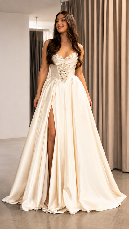 Ivory strapless sweetheart ball gown with embellished corset bodice and high slit front view