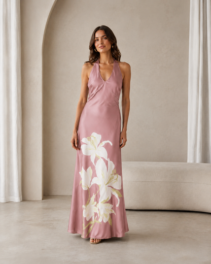 Blush pink halter maxi dress with oversized white floral print