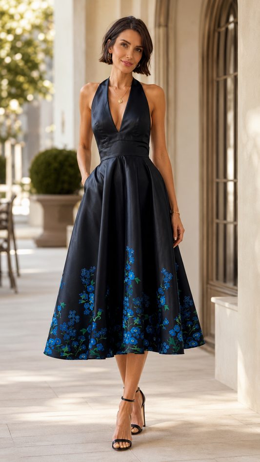 Front view of black halter midi dress with blue floral hem print