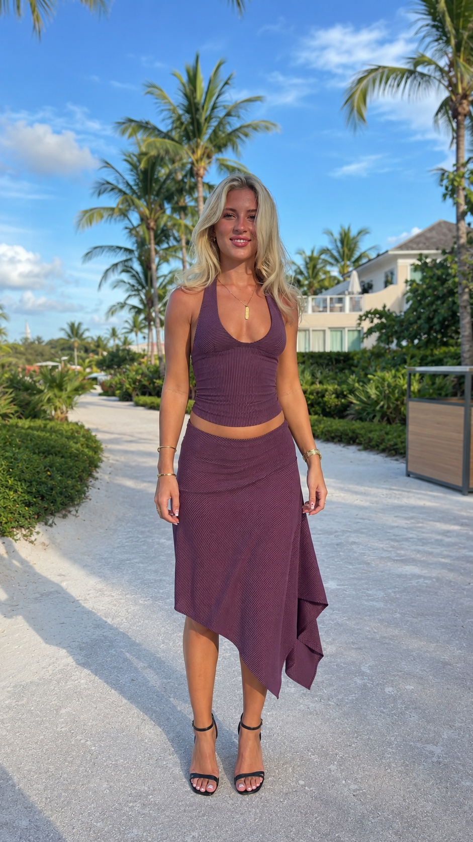 Front view of plum ribbed halter crop top and asymmetric midi skirt set