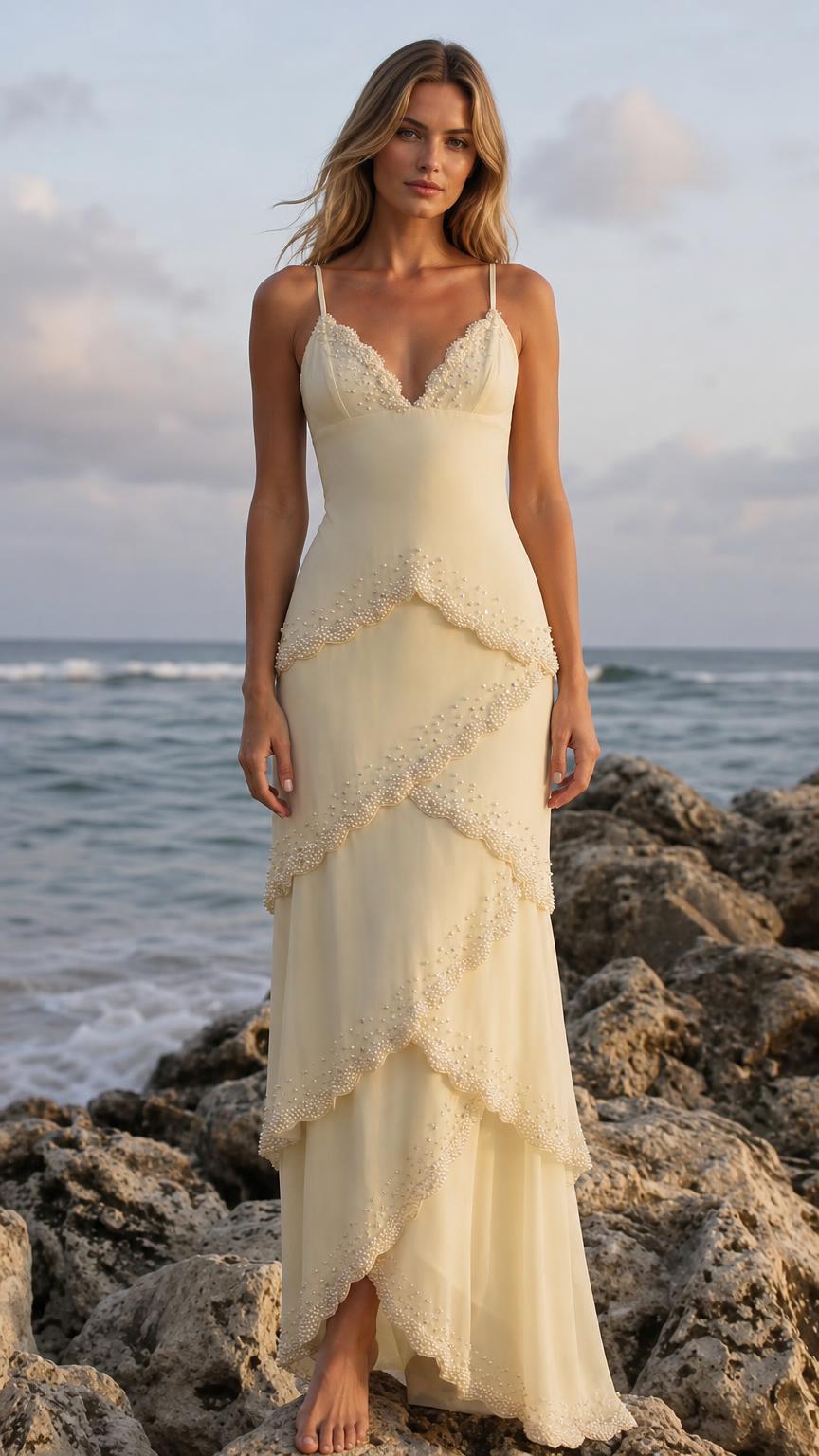 Front view of woman wearing yellow embellished tiered maxi dress on coastal rocks