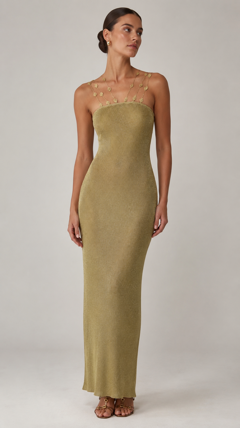 Front view of olive beaded strap bodycon knit maxi dress