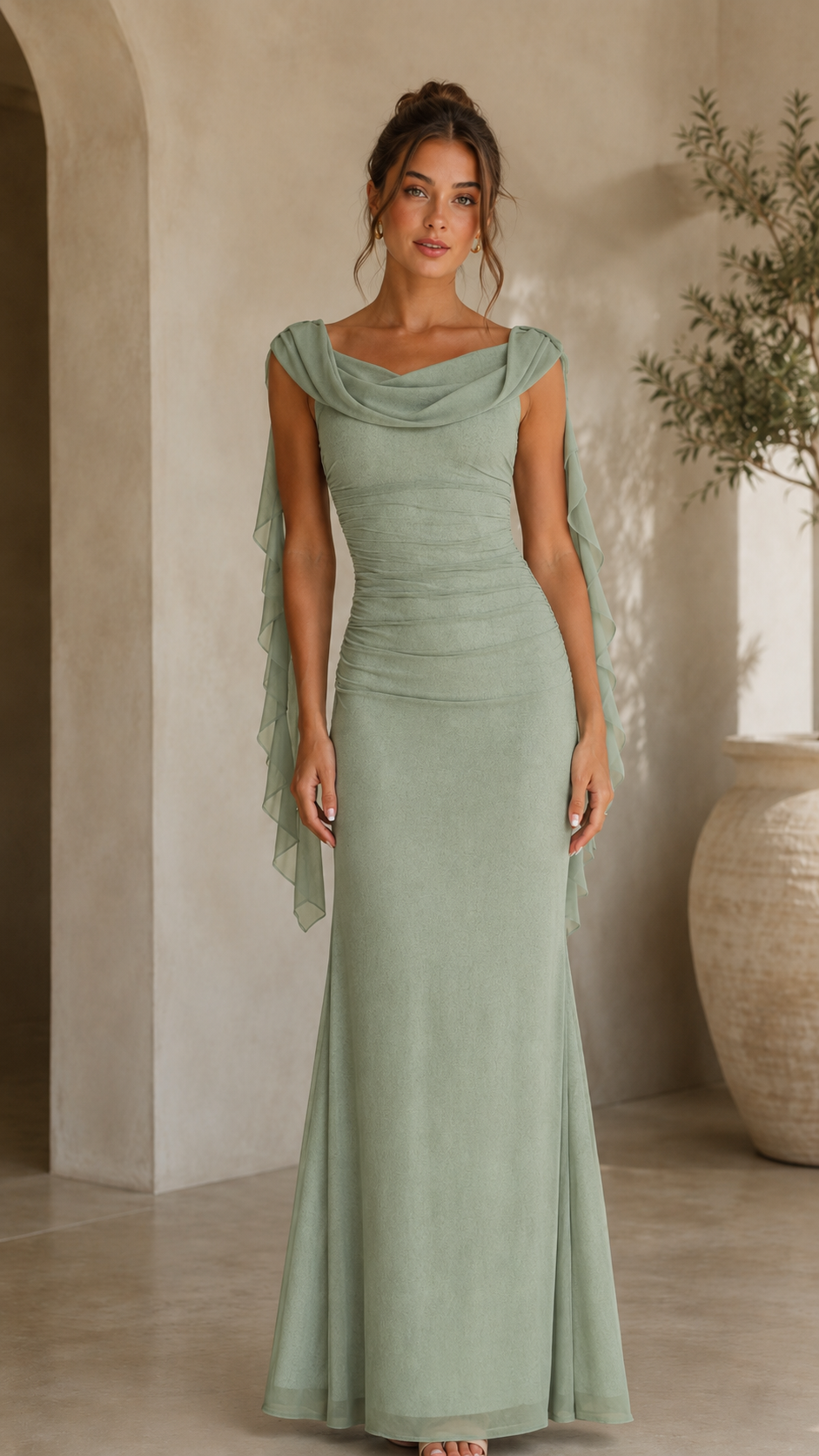 Sage ruched cowl neck maxi dress with draped shoulder panels front view