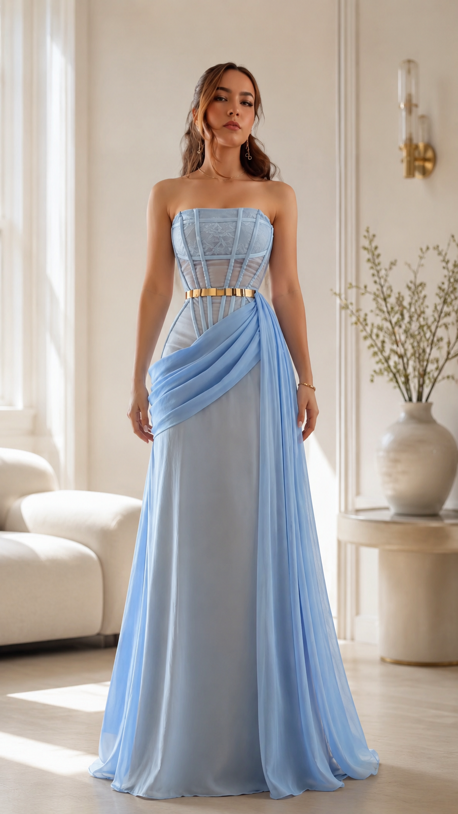 Sky blue strapless draped corset maxi evening dress front view