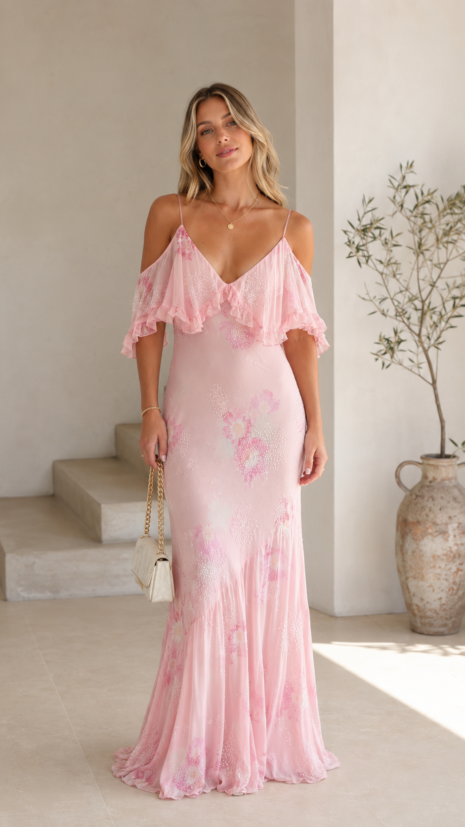 Blush pink floral ruffle cold shoulder maxi dress front view