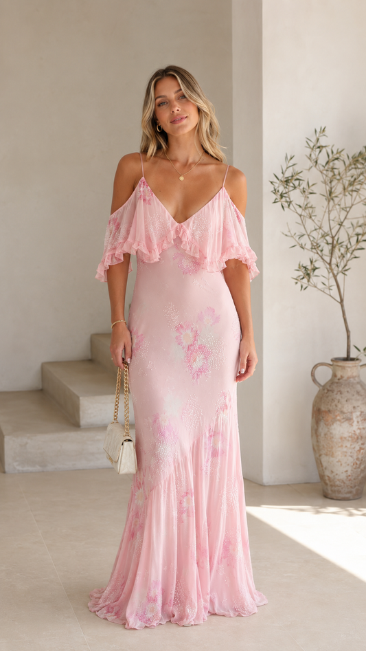 Blush pink floral ruffle cold shoulder maxi dress front view