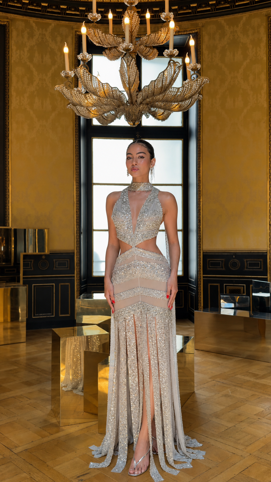 Front view of champagne sequin halter cutout mermaid evening gown