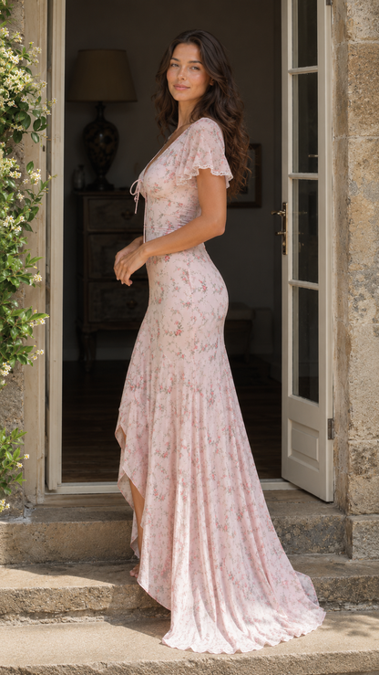 Side view of blush floral flutter sleeve maxi dress with asymmetrical hem
