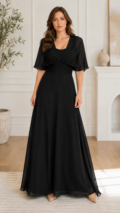 Front view of black flutter sleeve empire waist maxi dress