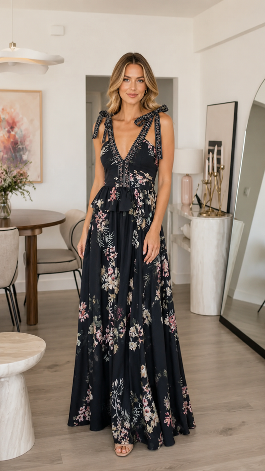 Front view of black floral tie shoulder deep V maxi dress with tiered waist detail