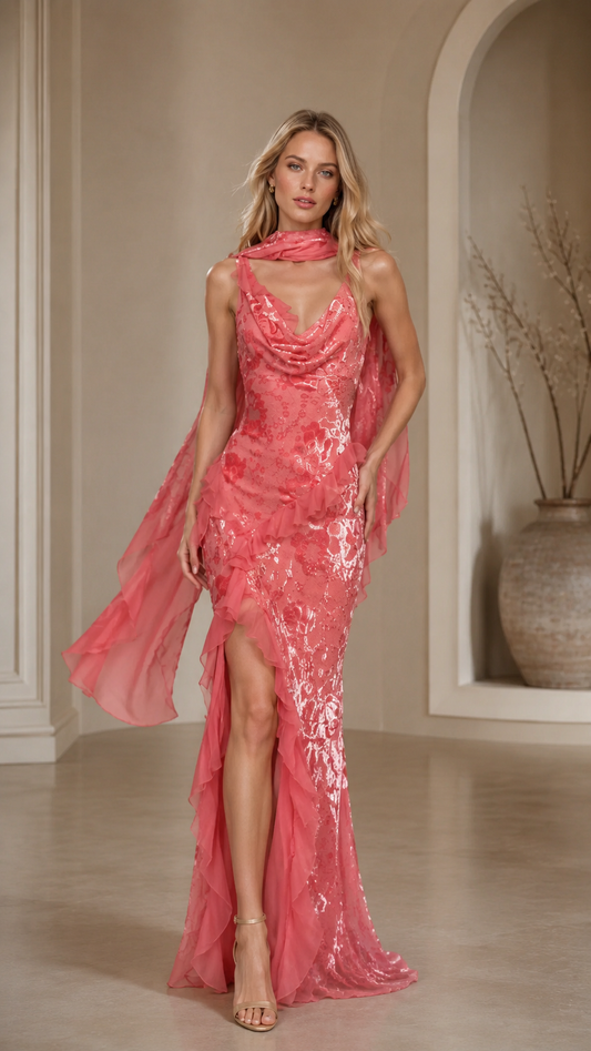 Front view of coral pink sequin mermaid evening gown with cowl neckline and flowing scarf detail