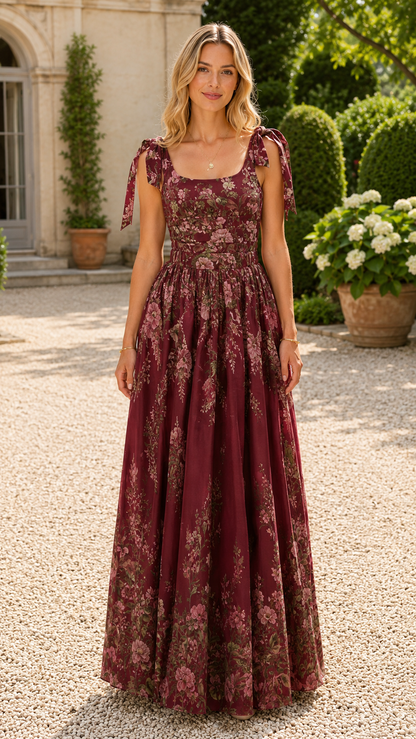 Model wearing a burgundy floral tie-shoulder square neck maxi dress