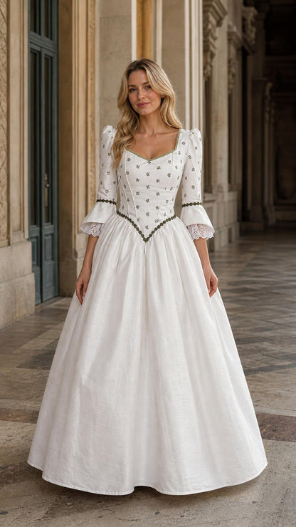 Front view of woman wearing white Renaissance vintage maxi dress