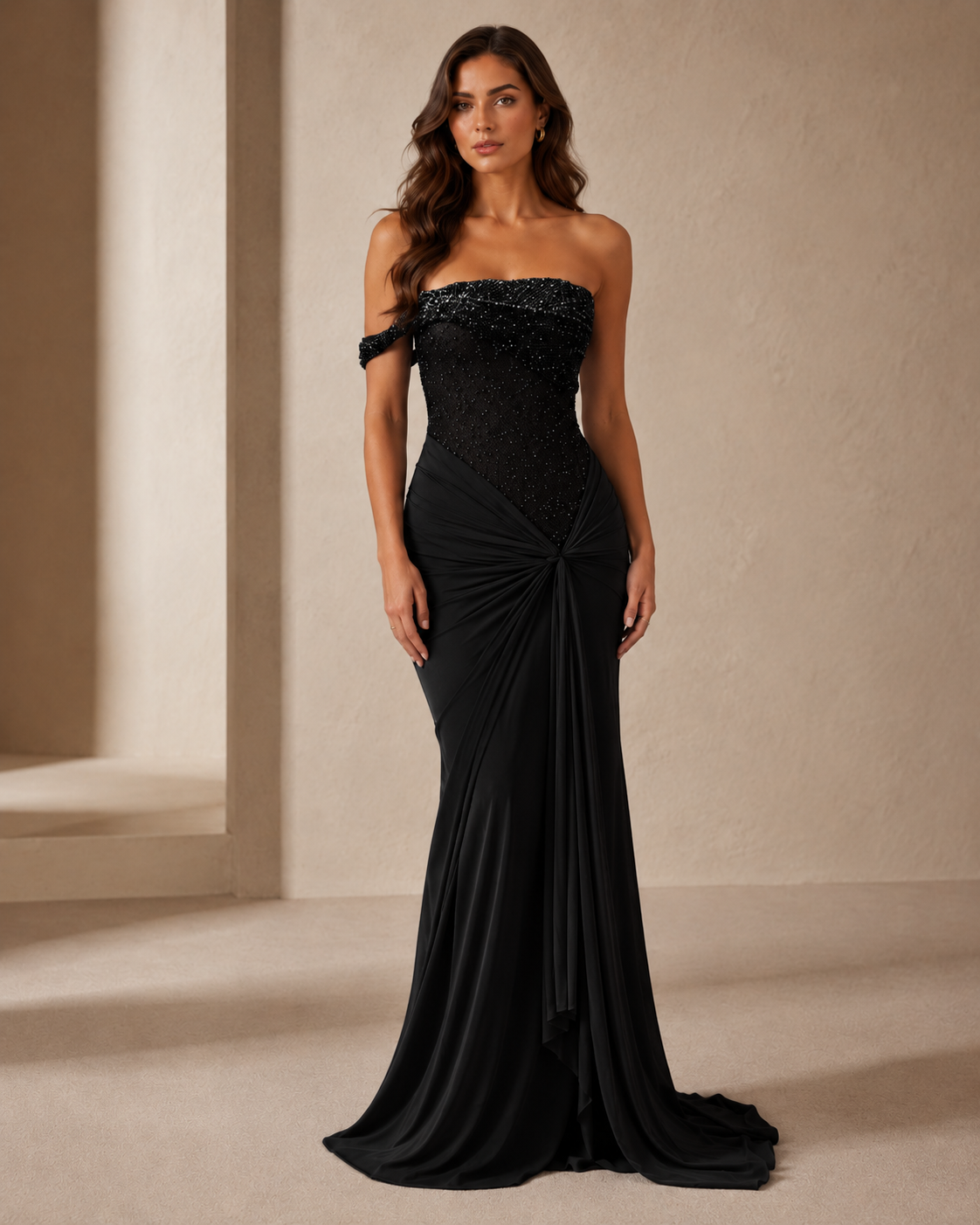 Black off-shoulder beaded evening gown with draped mermaid skirt front view