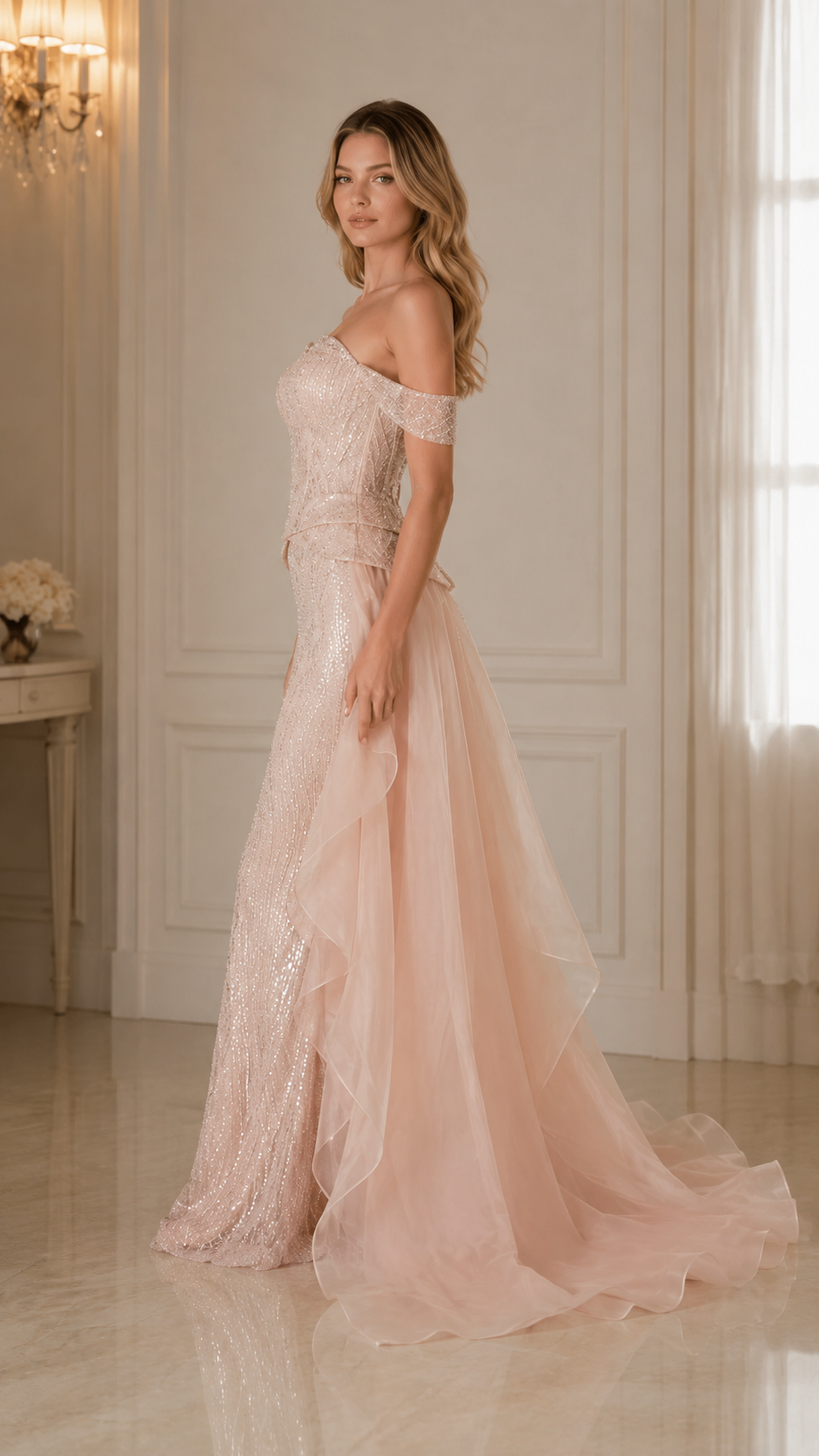 Side view of blush pink off shoulder sequin mermaid evening gown with sheer ruffle train