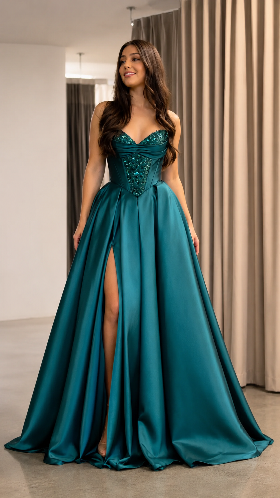 Teal strapless sweetheart ball gown with embellished corset bodice and high slit front view