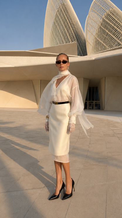 Model wearing white sheer sleeve scarf neck belted midi dress front view