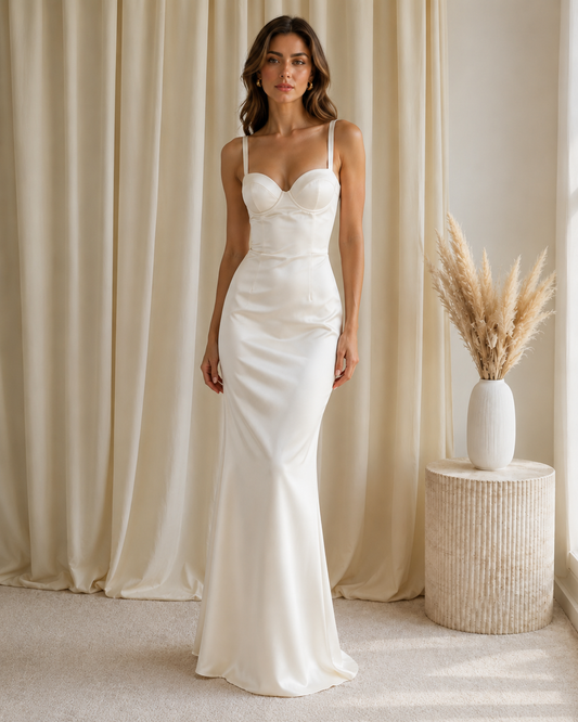 Front view of ivory satin-look mermaid maxi dress with sweetheart bustier bodice
