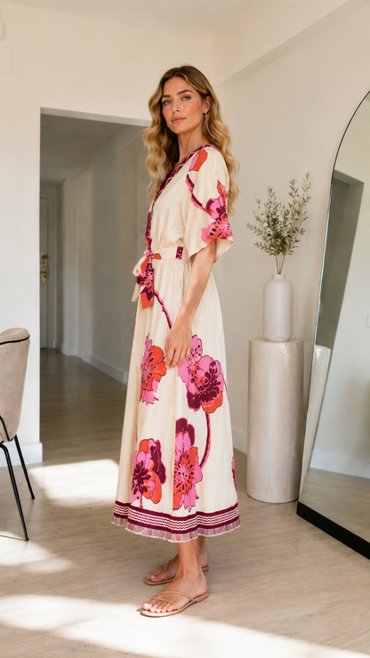 Side view of cream floral maxi dress with self-tie waist and flowing skirt