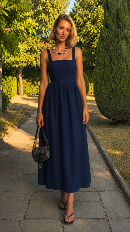 Woman wearing a navy square neck sleeveless midi dress with a flowing skirt