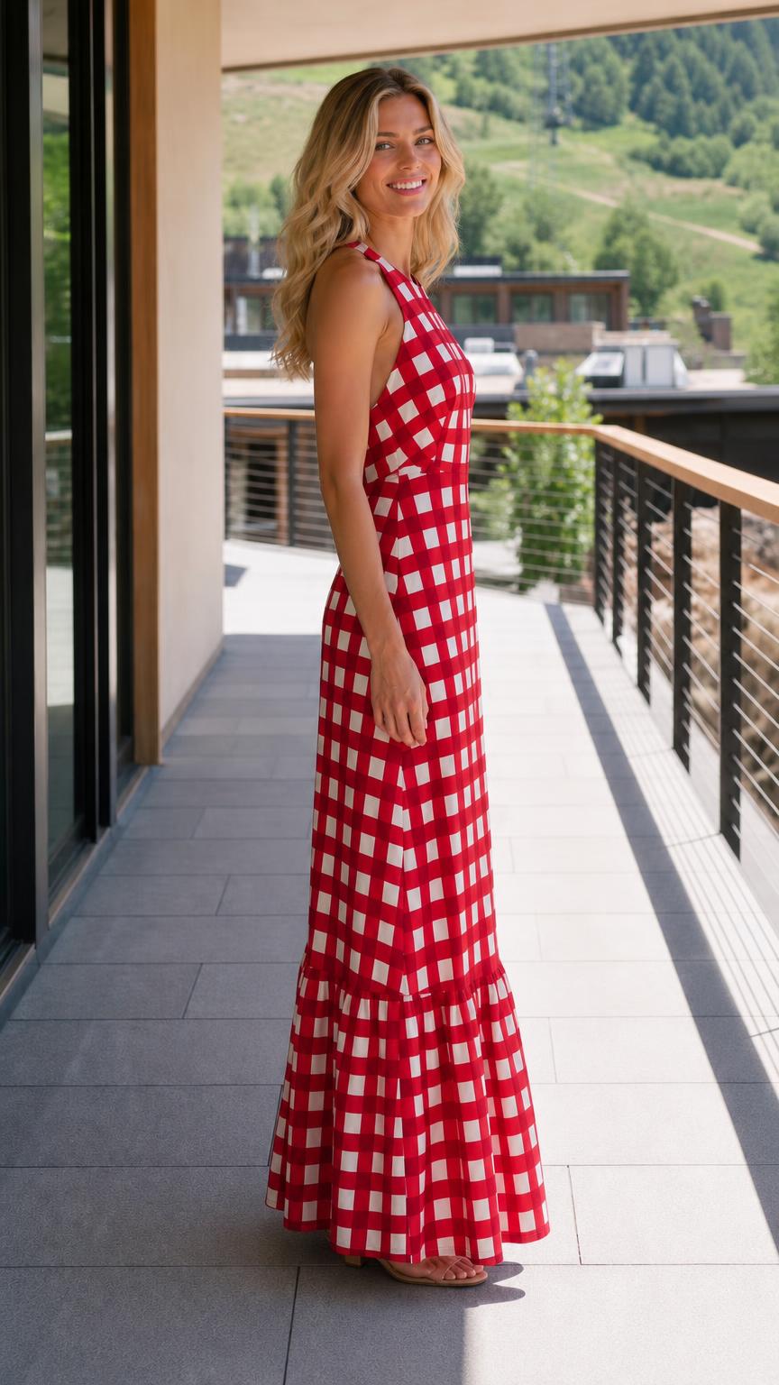 Side view of woman wearing red gingham maxi dress